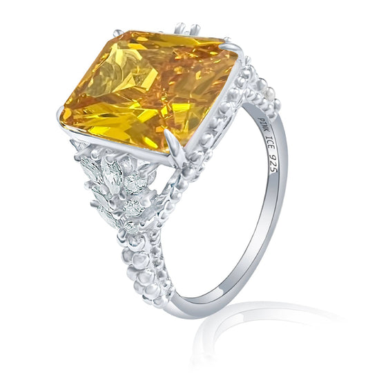 Emerald-Cut Golden Yellow CZ Beaded Shank 925 Sterling Silver Ring