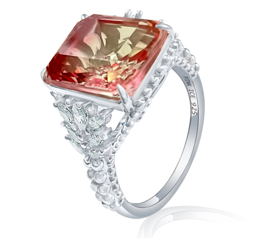 Emerald-Cut Delicate Rose Yellow Bi-Colored Simulated Tourmaline Beaded Shank 925 Sterling Silver Ring