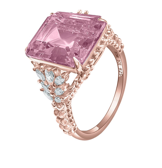 Emerald-Cut Pink CZ Beaded Shank 925 Sterling Silver Ring - Rose Gold
