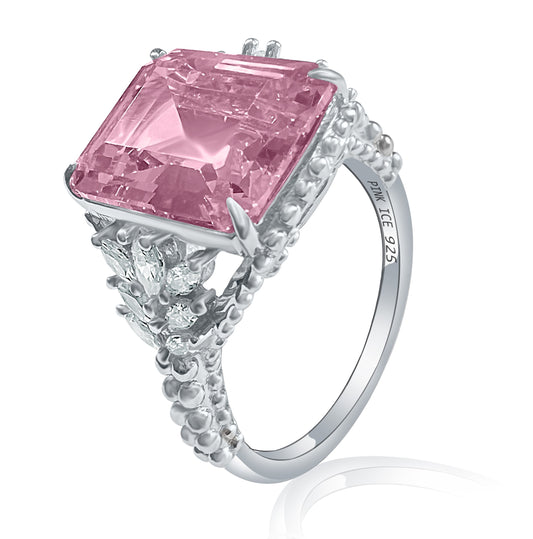 Emerald-Cut Pink CZ Beaded Shank 925 Sterling Silver Ring