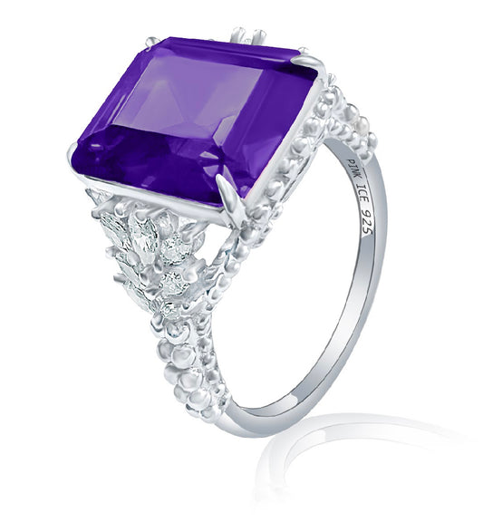 Emerald-Cut Purple CZ Beaded Shank 925 Sterling Silver Ring