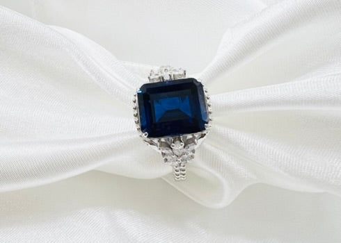 *PRE-ORDER - Emerald-Cut Blue Sapphire CZ Beaded Shank 925 Sterling Silver Ring