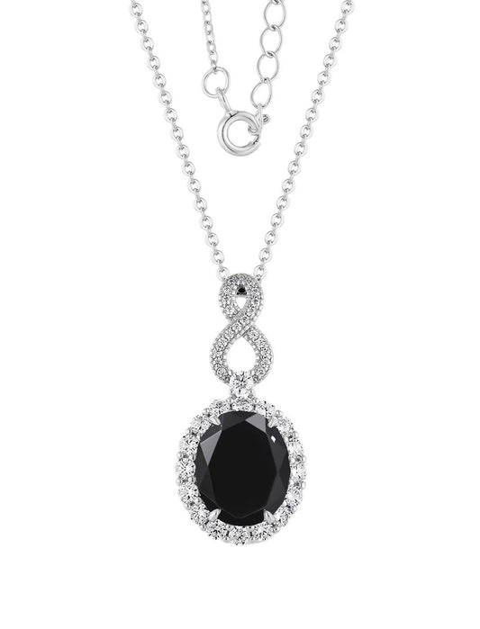 Oval Cut Halo Black Onyx Infinity Necklace in 925 Sterling Silver