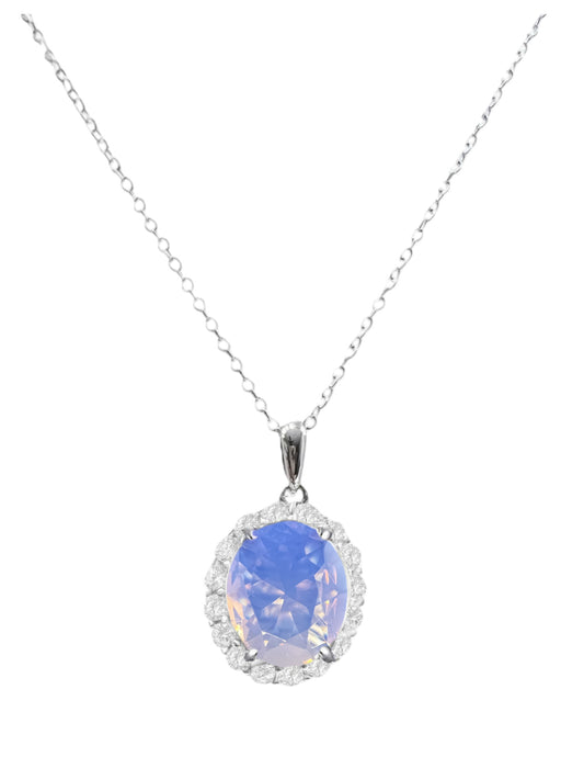 Oval Cut Halo Pink Moonstone Necklace in 925 Sterling Silver