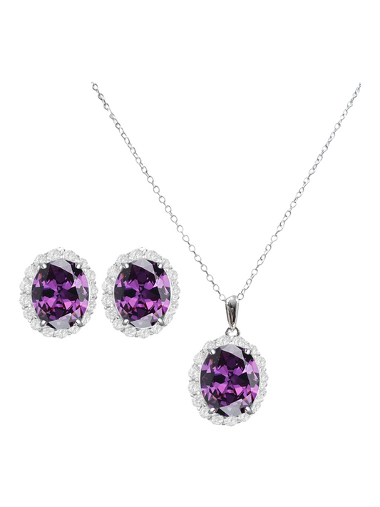 *PRE-ORDER - 925 Sterling Silver Oval Cut Amethyst CZ Necklace & Earrings Set