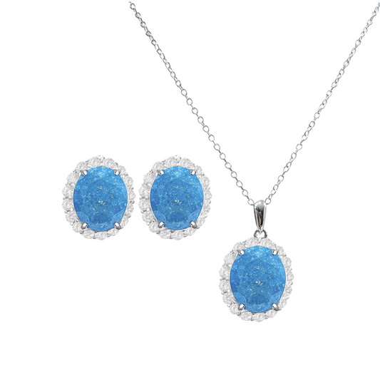 *PRE-ORDER - 925 Sterling Silver Oval Cut Aqua Ice CZ Necklace & Earrings Set