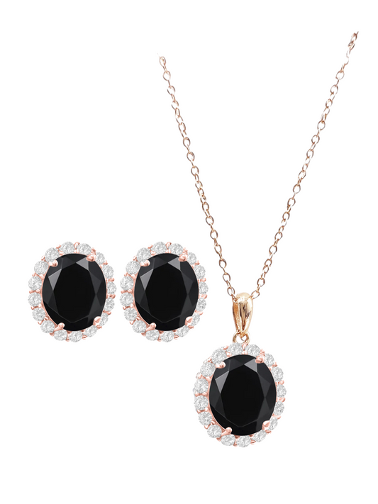 *PRE-ORDER - 925 Sterling Silver Oval Cut Black Onyx Necklace & Earrings Set - Rose Gold