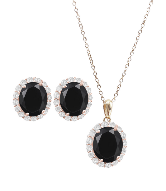 925 Sterling Silver Oval Cut Black Onyx Necklace & Earrings Set - Rose Gold