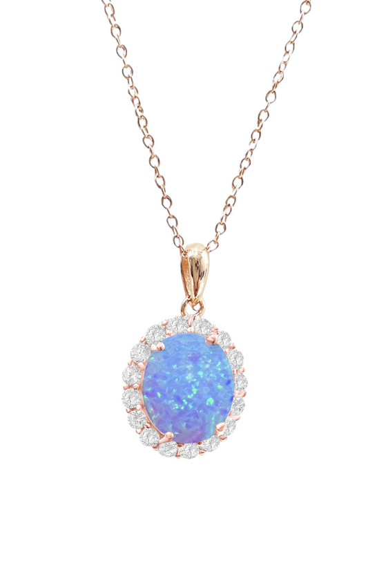 *PRE-ORDER - 925 Sterling Silver Oval Cut Blue Fire Opal Halo Pendant Necklace - Rose Gold