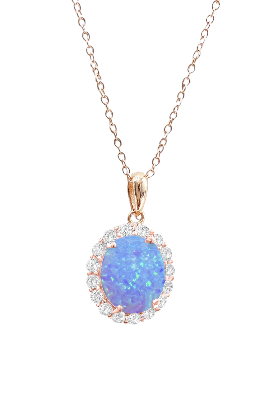 *PRE-ORDER - 925 Sterling Silver Oval Cut Blue Fire Opal Halo Pendant Necklace - Rose Gold