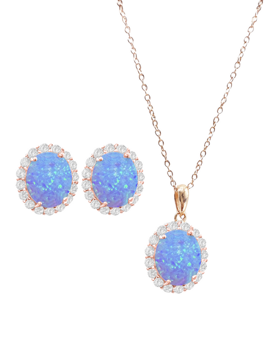 *PRE-ORDER - 925 Sterling Silver Oval Cut Blue Fire Opal Necklace & Earrings Set - Rose Gold