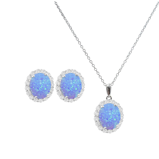*PRE-ORDER - 925 Sterling Silver Oval Cut Blue Fire Opal Necklace & Earrings Set