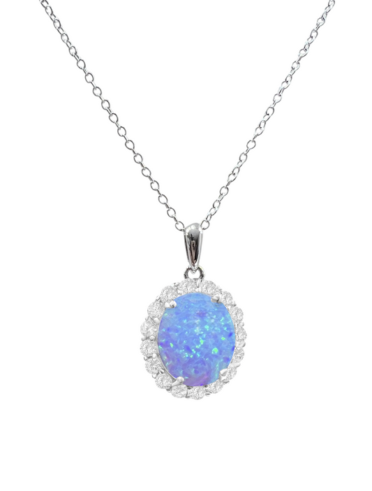*PRE-ORDER - 925 Sterling Silver Oval Cut Blue Fire Opal Halo Pendant Necklace