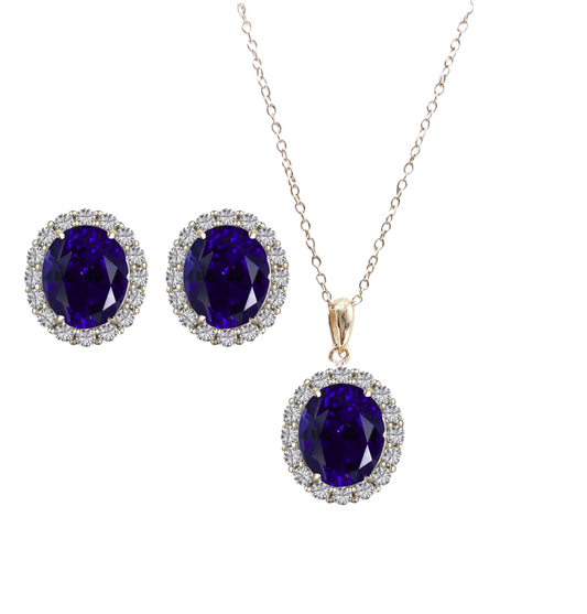 *PRE-ORDER - 925 Sterling Silver Oval Cut Blue Sapphire CZ Necklace & Earrings Set - Rose Gold