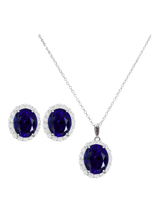 *PRE-ORDER - 925 Sterling Silver Oval Cut Blue Sapphire CZ Necklace & Earrings Set