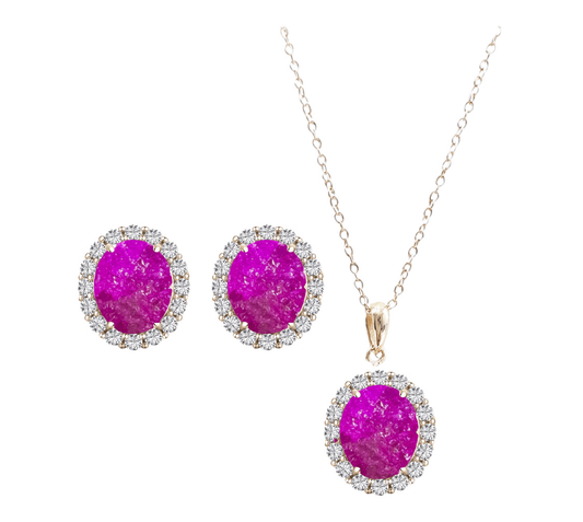 *PRE-ORDER - 925 Sterling Silver Oval Cut Hot Pink Ice CZ Necklace & Earrings Set - Rose Gold