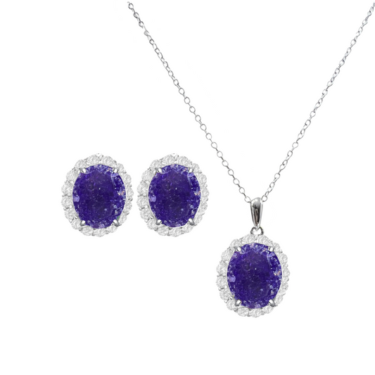 *PRE-ORDER - 925 Sterling Silver Oval Cut Dark Amethyst Ice CZ Necklace & Earrings Set