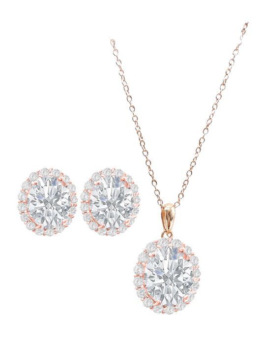 *PRE-ORDER - 925 Sterling Silver Oval Cut Diamond CZ Neclace & Earrings Jewelry Set - Rose Gold