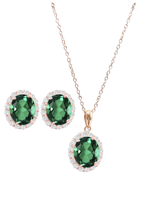 *PRE-ORDER - 925 Sterling Silver Oval Cut Emerald Green CZ Necklace & Earrings Set - Rose Gold