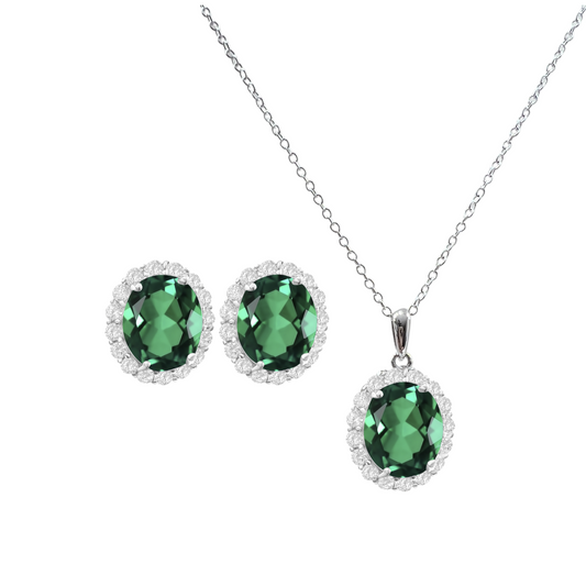 *PRE-ORDER - 925 Sterling Silver Oval Cut Emerald Green CZ Necklace & Earrings Set