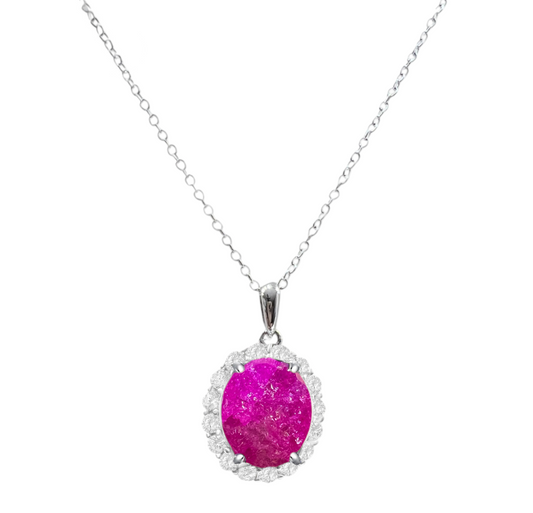 *PRE-ORDER - 925 Sterling Silver Oval Cut Hot Pink Ice CZ Halo Pendant Necklace