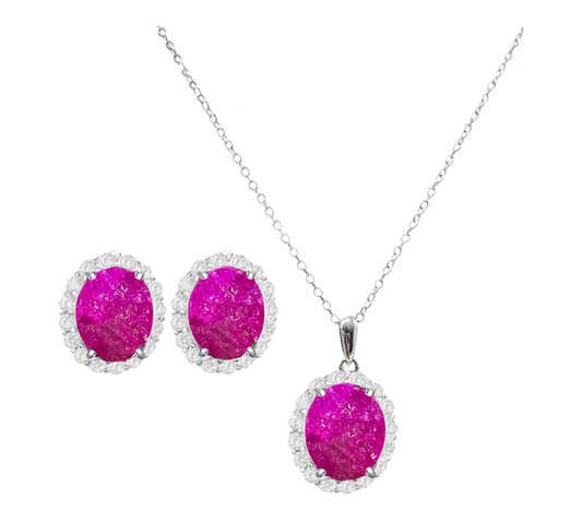 *PRE-ORDER - 925 Sterling Silver Oval Cut Hot Pink Ice CZ Necklace & Earrings Set