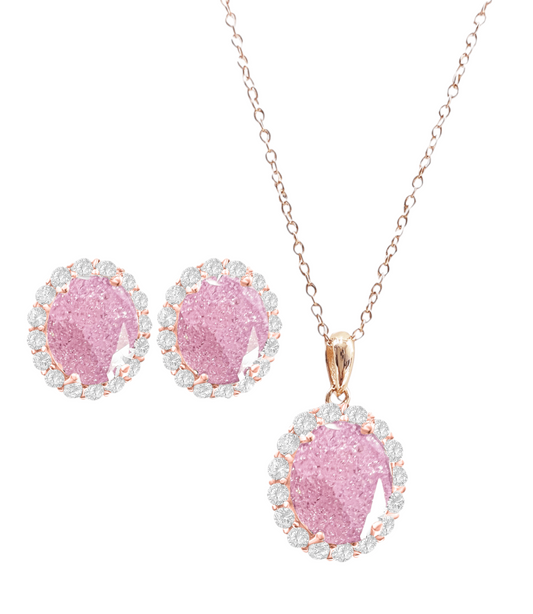 *PRE-ORDER - 925 Sterling Silver Oval Cut Light Pink Ice Necklace & Earrings Set - Rose Gold