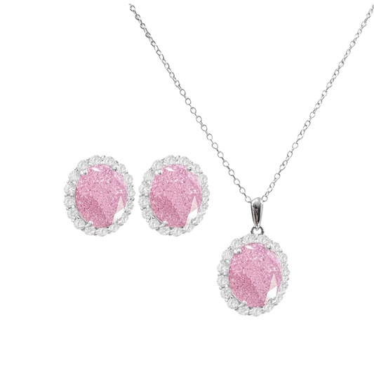 925 Sterling Silver Oval Cut Light Pink Ice Necklace & Earrings Set