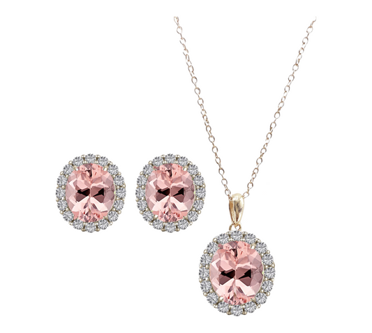 *PRE-ORDER - 925 Sterling Silver Oval Cut Morganite CZ Necklace & Earrings Set - Rose Gold
