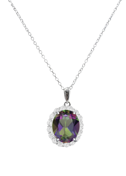*PRE-ORDER - 925 Sterling Silver Oval Cut Rainbow Topaz CZ Halo Pendant Necklace