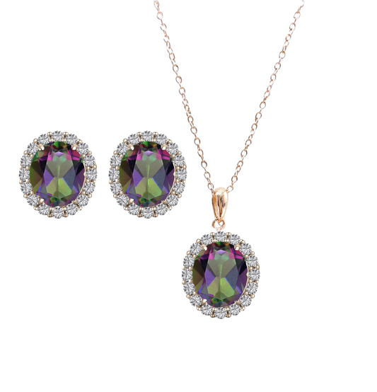 *PRE-ORDER - 925 Sterling Silver Oval Cut Rainbow Topaz Necklace & Earrings Set - Rose Gold