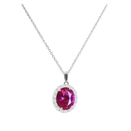 *PRE-ORDER - 925 Sterling Silver Oval Cut Rose Corundum Halo Pendant Necklace
