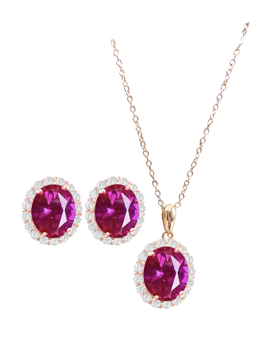 *PRE-ORDER - 925 Sterling Silver Oval Cut Rose Corundum CZ Necklace & Earrings Set - Rose Gold
