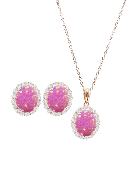 *PRE-ORDER - 925 Sterling Silver Oval Cut Royal Pink Fire Opal Necklace & Earrings Set - Rose Gold
