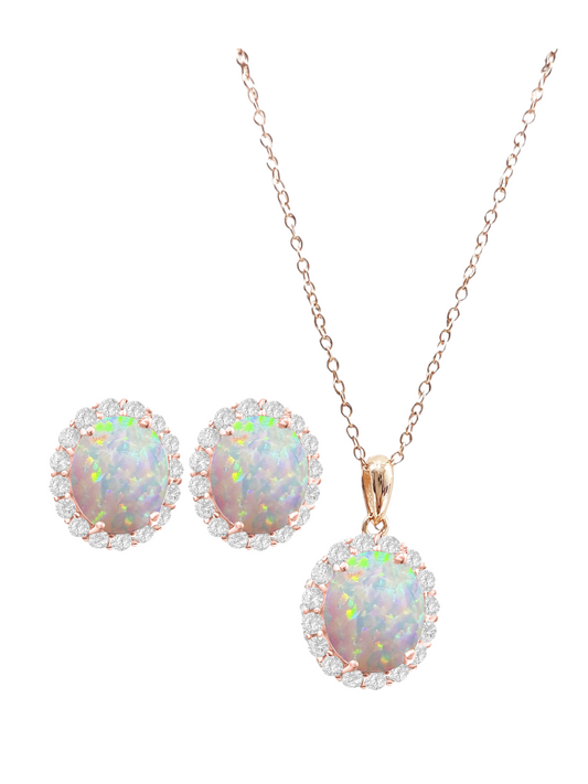 *PRE-ORDER - 925 Sterling Silver Oval Cut White Fire Opal Necklace & Earrings Set - Rose Gold