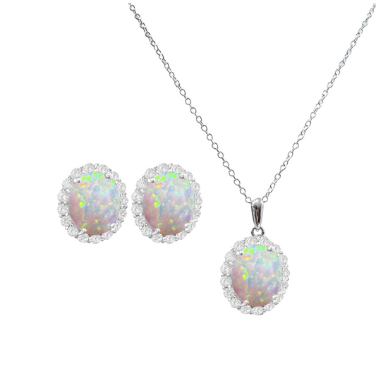 *PRE-ORDER - 925 Sterling Silver Oval Cut White Fire Opal Necklace & Earrings Set