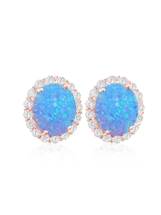 *PRE-ORDER - 925 Sterling Silver Oval Halo Blue Fire Opal Stud Earrings - Rose Gold