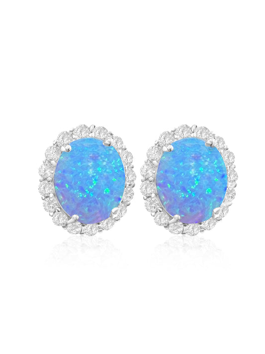 *PRE-ORDER - 925 Sterling Silver Oval Halo Blue Fire Opal Stud Earrings
