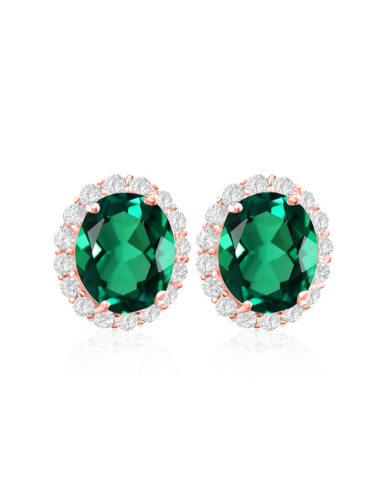 *PRE-ORDER - 925 Sterling Silver Oval Halo Emerald Green CZ Stud Earrings - Rose Gold