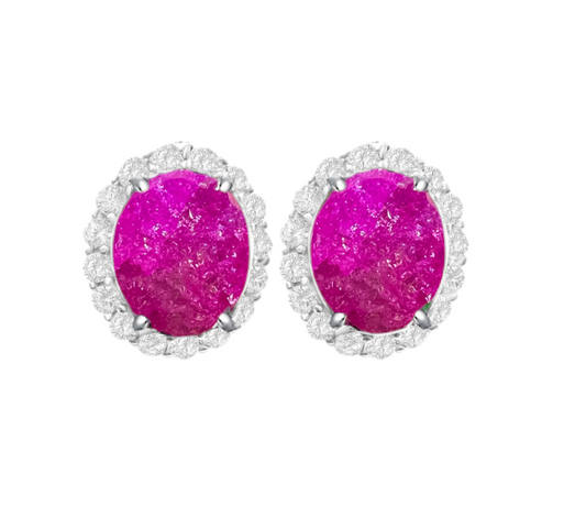 *PRE-ORDER - 925 Sterling Silver Oval Halo Hot Pink Ice CZ Stud Earrings