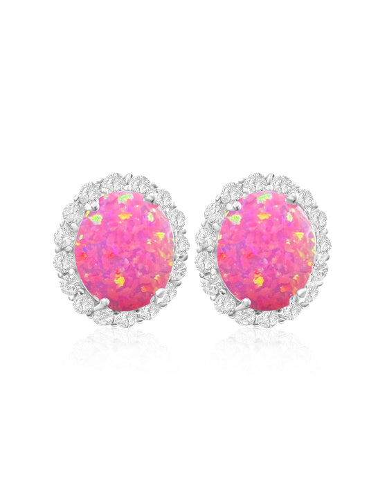 *PRE-ORDER - 925 Sterling Silver Oval Halo Royal Pink Fire Opal Stud Earrings