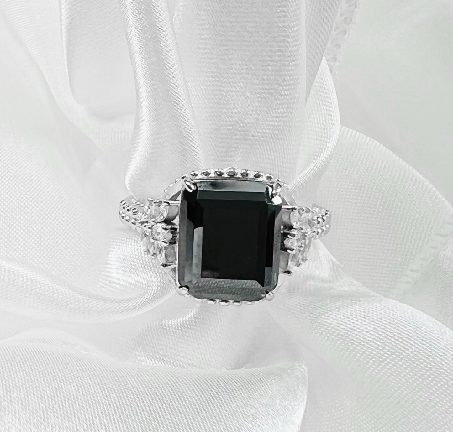 *PRE-ORDER - Emerald-Cut Black Onyx Beaded Shank 925 Sterling Silver Ring