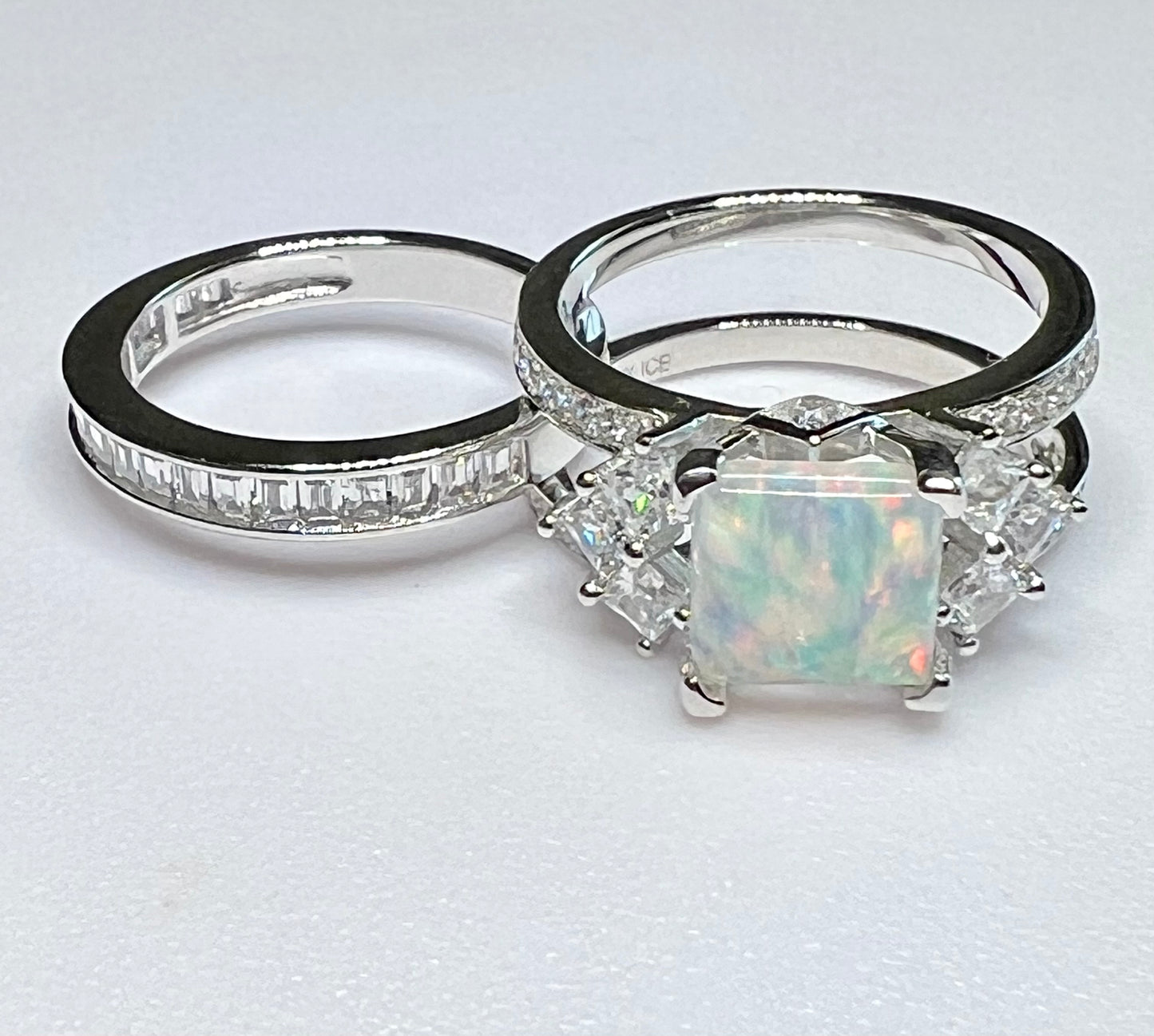 925 Sterling Silver Princess Cut, White Crystal Opal & Clear CZ Tri-Band Ring