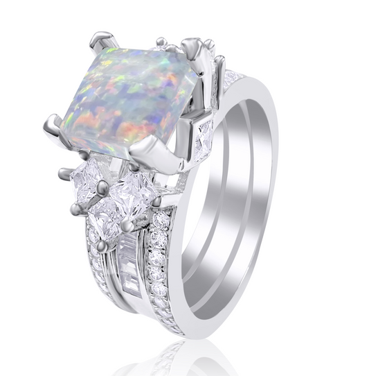 *PRE-ORDER - 925 Sterling Silver Princess Cut, White Crystal Opal & Clear CZ Tri-Band Ring