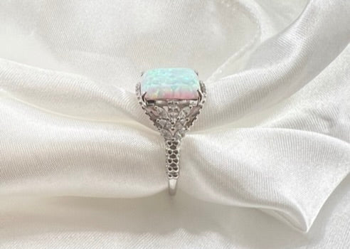 White Fire Opal & CZ Beaded Shank 925 Sterling Silver Ring