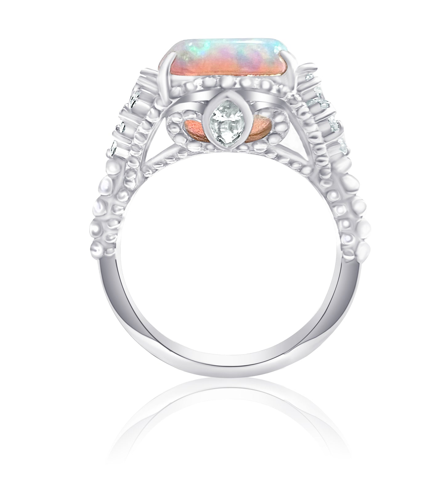 White Fire Opal & CZ Beaded Shank 925 Sterling Silver Ring