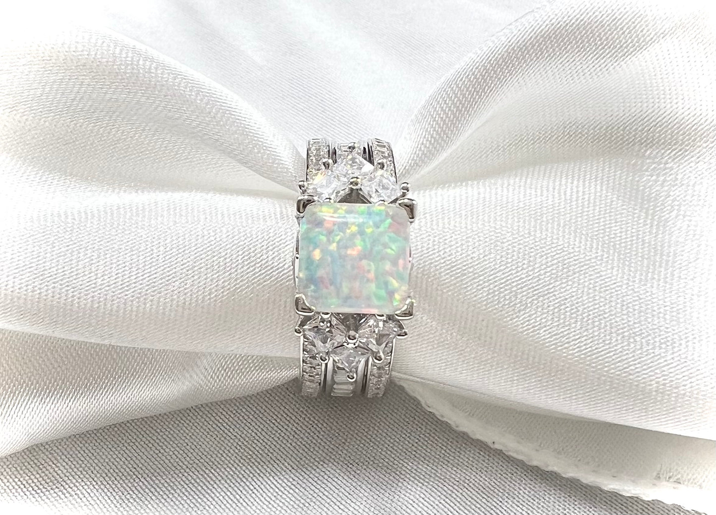 925 Sterling Silver Princess Cut, White Crystal Opal & Clear CZ Tri-Band Ring