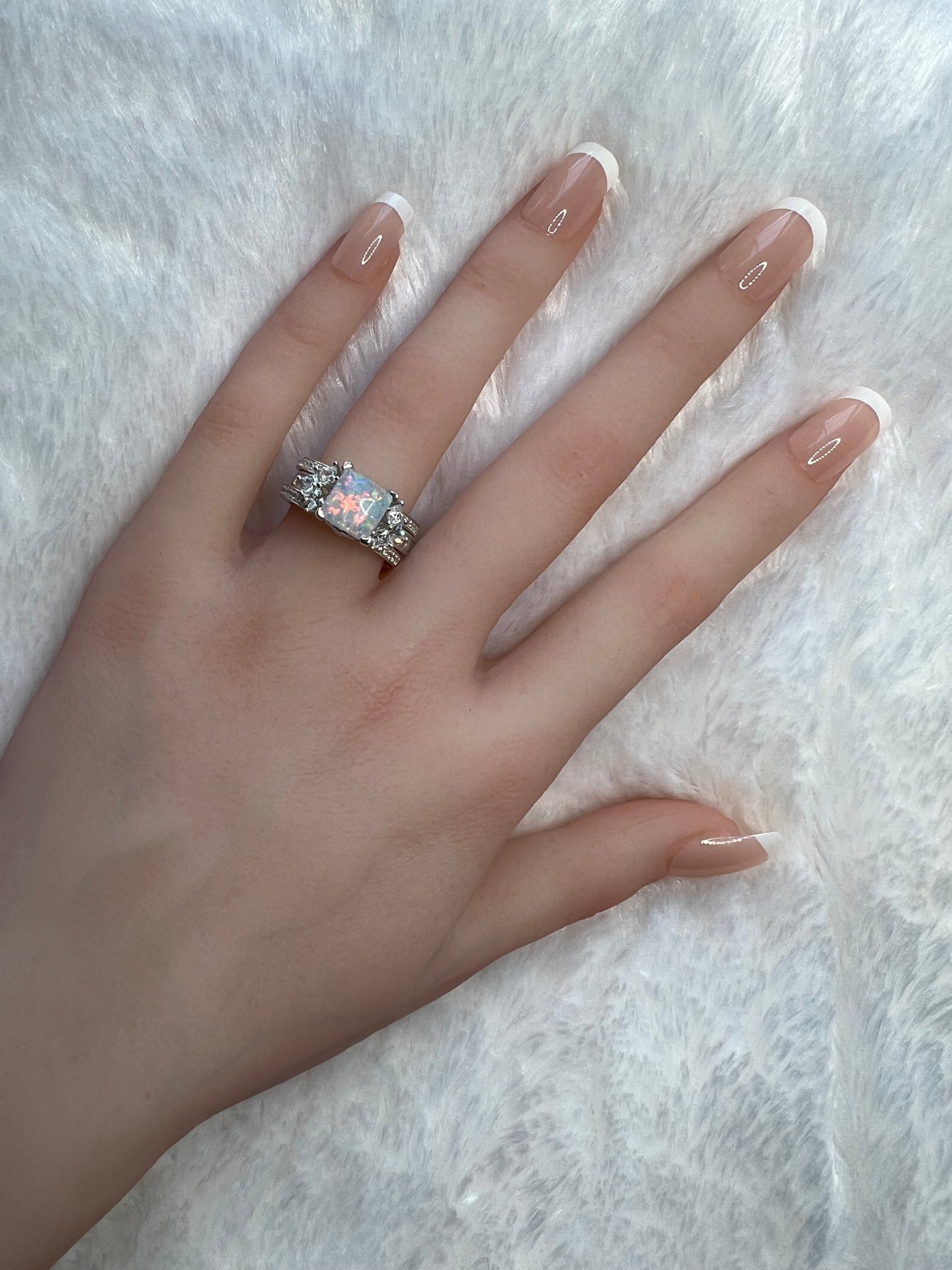 *PRE-ORDER - 925 Sterling Silver Princess Cut, White Crystal Opal & Clear CZ Tri-Band Ring