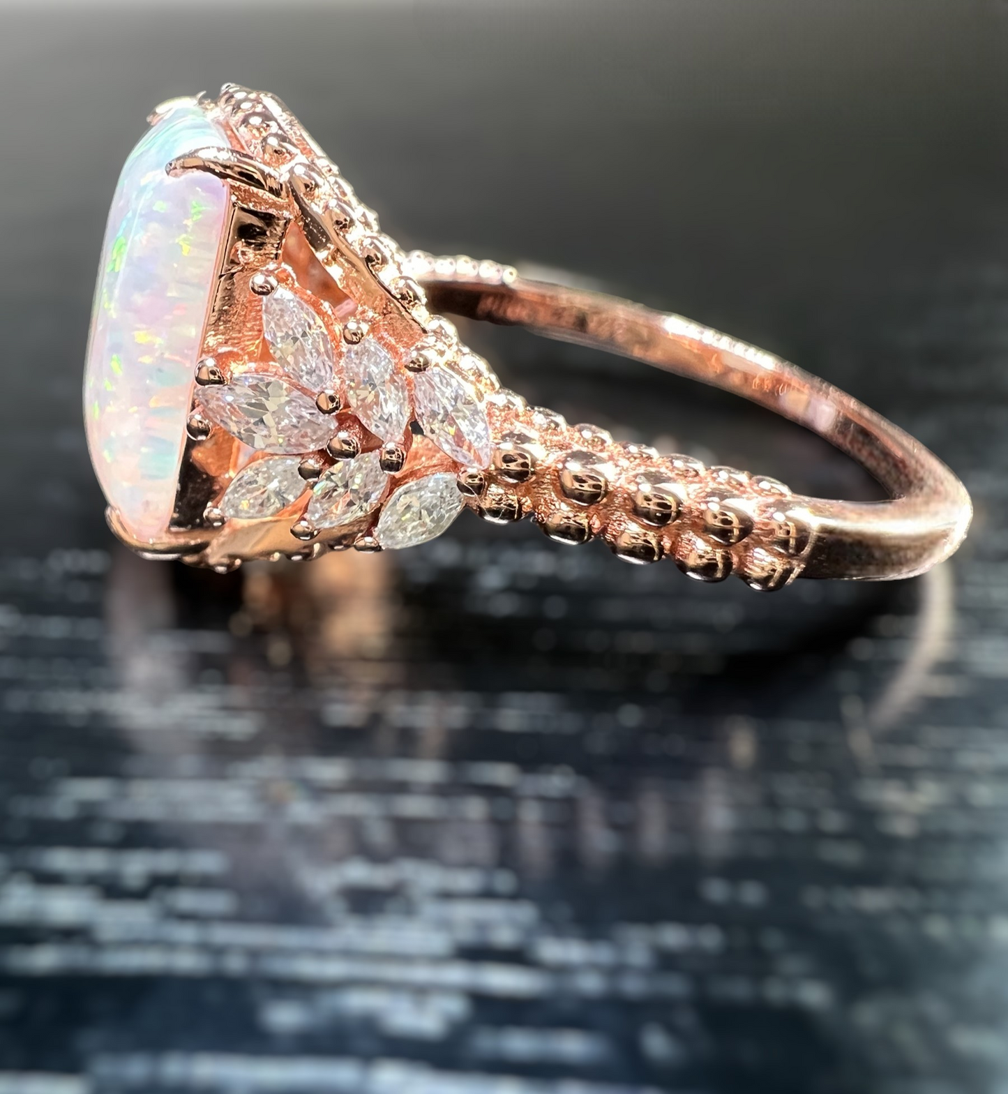 White Fire Opal & CZ Beaded Shank 925 Sterling Silver Ring - Rose Gold