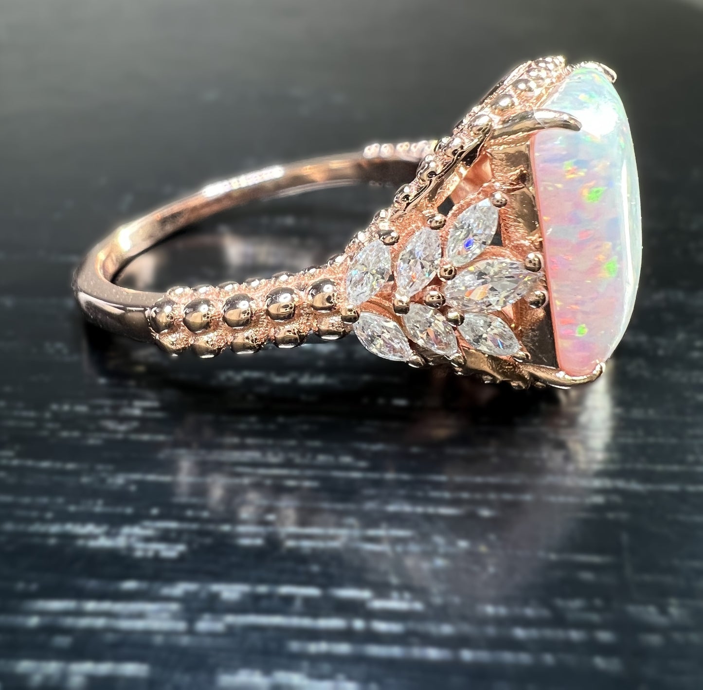 White Fire Opal & CZ Beaded Shank 925 Sterling Silver Ring - Rose Gold